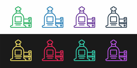 Fototapeta premium Set line Full sack and wooden box icon isolated on black and white background. Vector