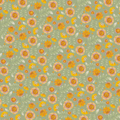 Retro background. Yellow watercolor flowers on a green background. Raster illustration for scrapbooking, packaging, wrapping, congratulations.