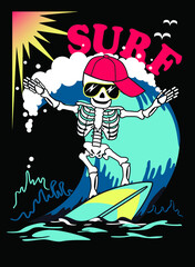 Skeleton catches a wave on the surf. Vector illustration.