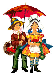 Obraz na płótnie Canvas Young Couple under umbrella, vintage style vector illustration