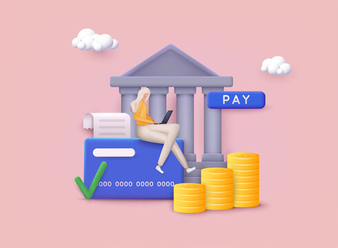 Banking operation concept. Internet banking, purchasing and transaction, electronic funds transfers and bank wire transfer. 3D Web Vector Illustrations.