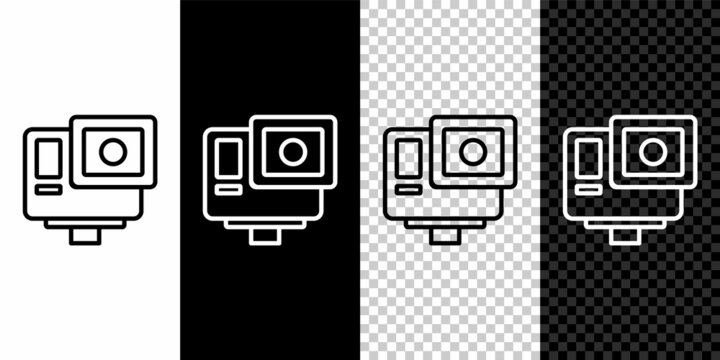 Set line Action extreme camera icon isolated on black and white background. Video camera equipment for filming extreme sports. Vector