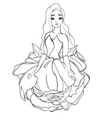 Flower Fairy. Princess peon . Beautiful girl and flower. Design element for decoration. Coloring book in fantasy style. Line art. Raster black and white illustration on a white background. hand drawn.