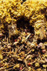 Dry Turkish tea. Fragrant tea with natural herbs. Middle Eastern tea. Turkish bazaar. Spices close up