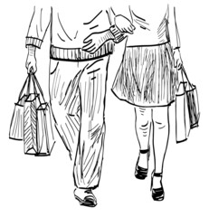 Contour doodle drawing of couple townspeople walking with purchases bags outdoors