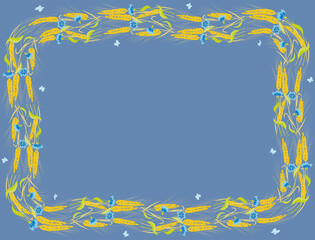 Decorative border from ears ripe wheat and blue cornflowers