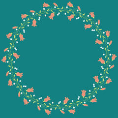 Decorative floral wreath from delicate pink abstract bell flowers and white daisies