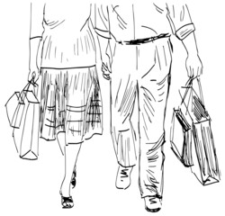 Outline doodle drawing of couple townspeople walking with shopping bags outdoors