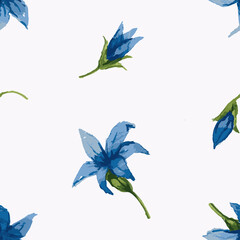 Seamless background of watercolor drawings of blue bellflowers heads