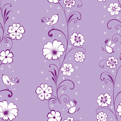 Seamless background with decorative floral twigs with flowers and birds
