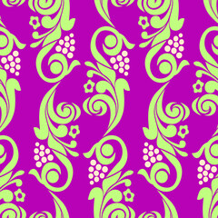Seamless pattern of silhouettes abstract grape vine leaves with ripe berries
