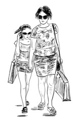 Sketch of city woman with daughter in sun glasses with shopping bags walking outdoor together on summer day