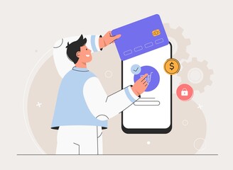 Mobile commerce concept. Man buys item in mobile phone apps in online store and pays for purchases with credit card. Online shopping and e-business, finance and payment flat style vector illustration.