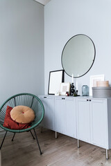 Stylish minimalistic and cozy interior in gray. Photo