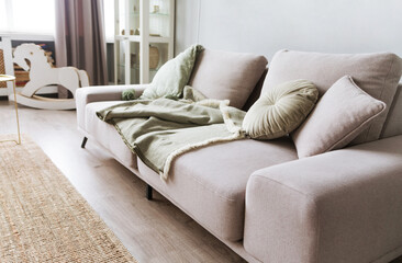 Gray sofa with pillows and a blanket in the interior of the room © ribalka yuli