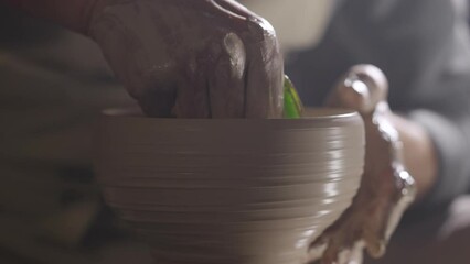 A potter sculpts soft clay with wet hands, creating handmade ceramic creative pot, rotating on potter's wheel. Clay shaping and sculpting, close up hand creative work in working workshop. Slow motion.