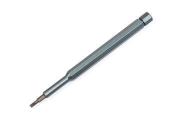 Manual mini screwdriver with inserted flat interchangeable bit close-up