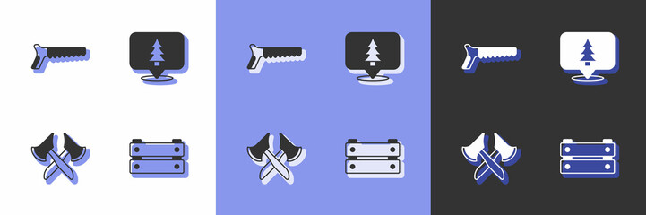 Set Wooden box, Hand saw, axe and Location of the forest icon. Vector