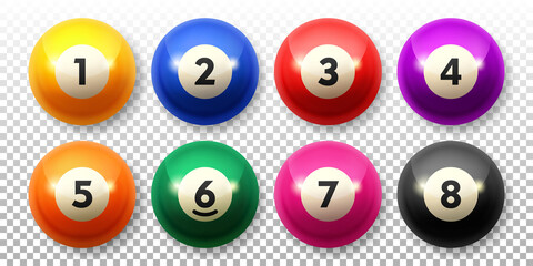 Set of billiard balls different colors. Recreational game sport. Vector illustration isolated on a transparent background.