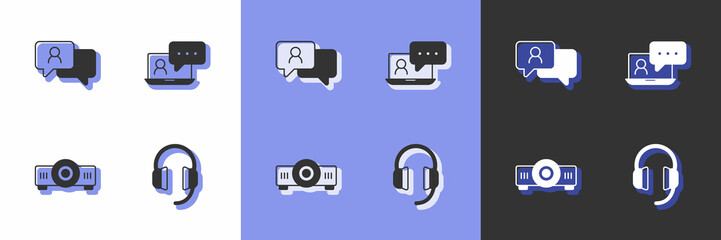 Set Headphones, Speech bubble chat, Movie, film, media projector and Video conference icon. Vector