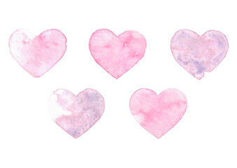 Watercolor hearts in red and purple colors