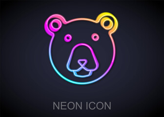 Glowing neon line Bear head icon isolated on black background. Vector
