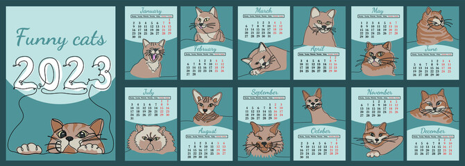 Vector vertical calendar 2023 with funny cats in line art style.  Week starts from Monday. Set of 12 pages and cover in size A4 A3 A2 A5