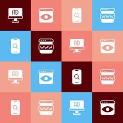 Set pop art Advertising, Personal information collection, Magnifying glass and mobile and Browser window icon. Vector