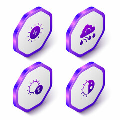 Set Isometric Solar energy panel, Cloud and lightning, Sun and Day night cycle icon. Purple hexagon button. Vector