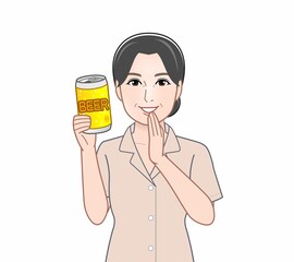 缶ビールを持った女性