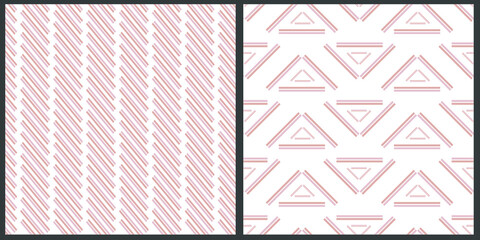 Set of vector seamless patterns. Geometric pattern of stripes and triangles in pastel light colors on a white isolated background. 