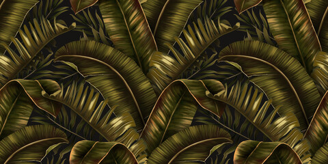 Exotic tropical background with hawaiian plants and leaves. Seamless dark green tropical pattern with monstera and sabal palm leaves, guzmania flowers. Design for wallpapers, fabrics, social media