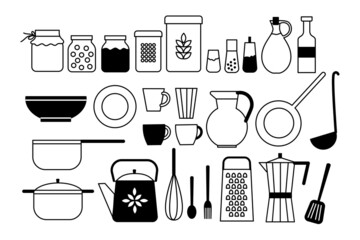 Set of dishes and kitchen accessories: pots, frying pan, kettle, coffee pot, cups.