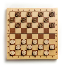 chess board with checkers isolated on white background, shot from above.