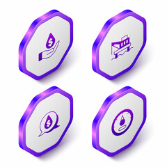 Set Isometric Oil drop with dollar symbol, platform in the sea, and Motor gas gauge icon. Purple hexagon button. Vector