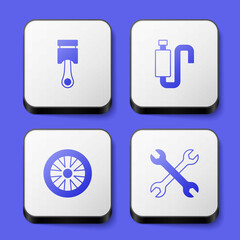 Set Engine piston, Car muffler, Alloy wheel for car and Wrench spanner icon. White square button. Vector