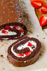 roll cake chocolate with strawberry