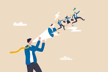 Motivate employee or team to move forward to achieve target, inspire or guidance coworkers to reach goal, motivation or encouragement concept, businessman boss speak on megaphone to move team forward.