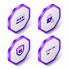 Set Isometric Laptop with password, Lock, Shield security lock and Parking car barrier icon. Purple hexagon button. Vector