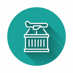 White line Plane icon isolated with long shadow background. Delivery, transportation. Cargo delivery by air. Airplane with parcels, boxes. Green circle button. Vector
