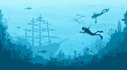 Underwater landscape with sunken sailing ship and divers. Seabed seascape, pirate treasures on sea bottom vector background with antique ship on seafloor. Ocean aquatic scene with divers and dolphins © Vector Tradition