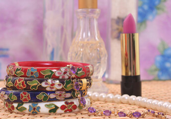 Perfume and Jewelry With Flower and Jewelry Box close up