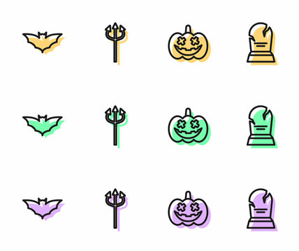 Set line Pumpkin, Flying bat, Trident devil and Tombstone with RIP written icon. Vector