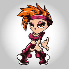 Girl doing a dance pose dressed in pink. Fitness dancing girl  with red hair. Dancing and fitness illustration concept.