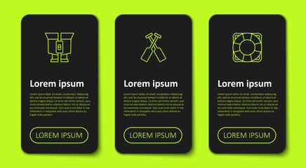 Set line Binoculars, Crossed oars or paddles boat and Lifebuoy. Business infographic template. Vector