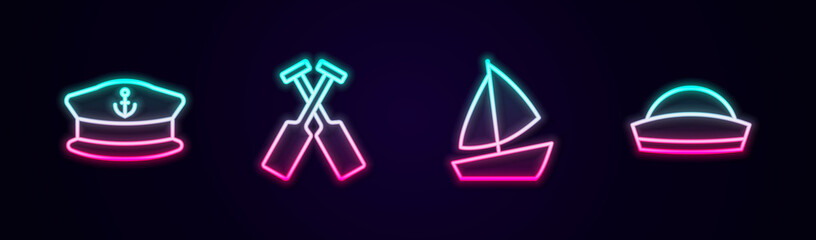 Set line Captain hat, Crossed oars or paddles boat, Yacht sailboat and Sailor. Glowing neon icon. Vector