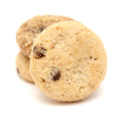 Round chocolate chip mini cookies isolated on white background 
