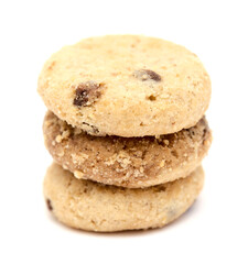 Round chocolate chip mini cookies isolated on white background 
