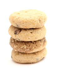 Round chocolate chip mini cookies isolated on white background 
