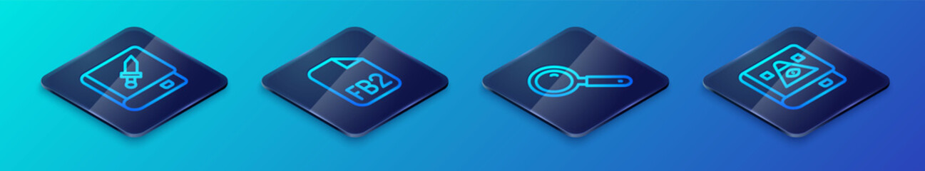 Set Isometric line Magnifying glass, Book about weapon, Ancient magic book and FB2 File icon. Vector
